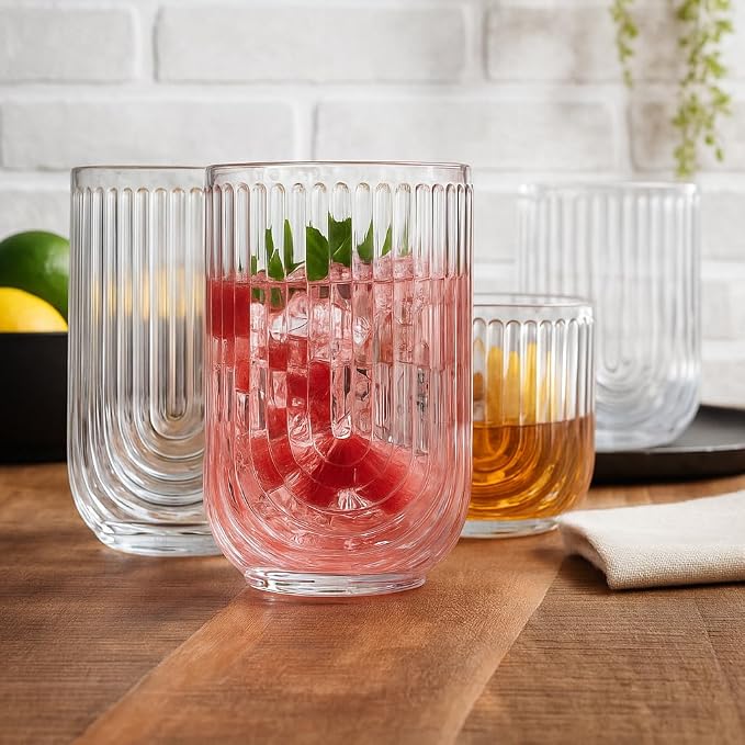 Glaver's 8-Piece Drinking Glass Set, Art Deco Ribbed Arch Glassware, 17oz - Image 7