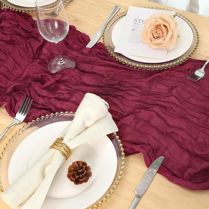 3 Pack Burgundy Red Cheesecloth Table Runner 120 Inch Boho Wedding Decor | - Image 5