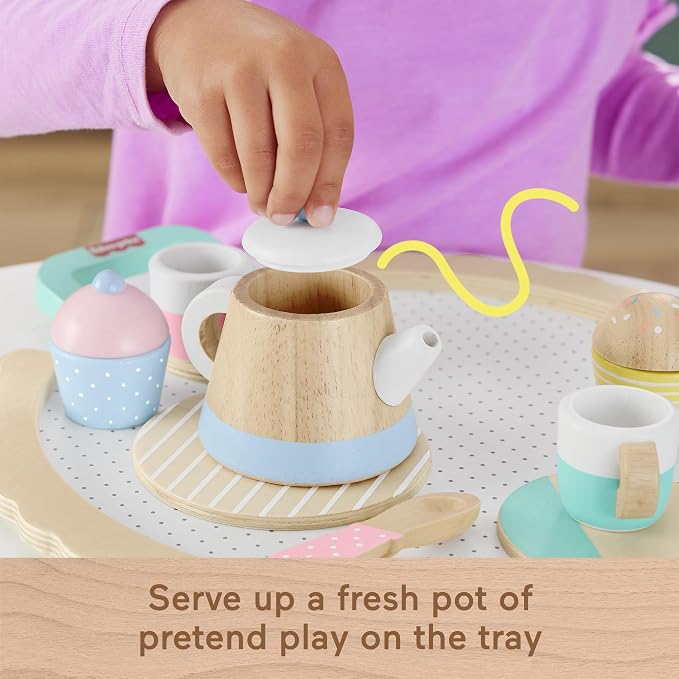 Fisher-Price Wood Pretend Play Toy Tea Set, 12-Piece Wooden Playset - Image 4