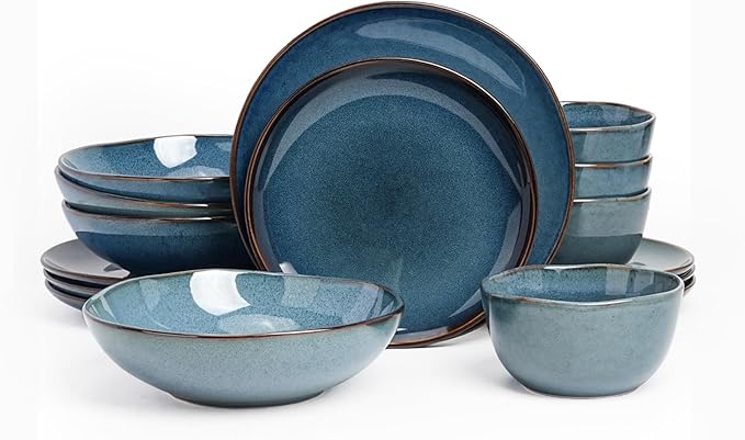 Highland 16pc Dinnerware Set, Unique Organic Shape Double Bowl, Stoneware Plate by HomeVSS
