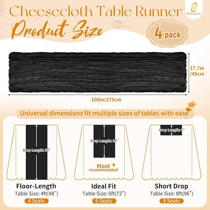 Showgeous 4 Pack Black Cheesecloth Table Runner, 17 x 108 Inches | Boho - Image 2