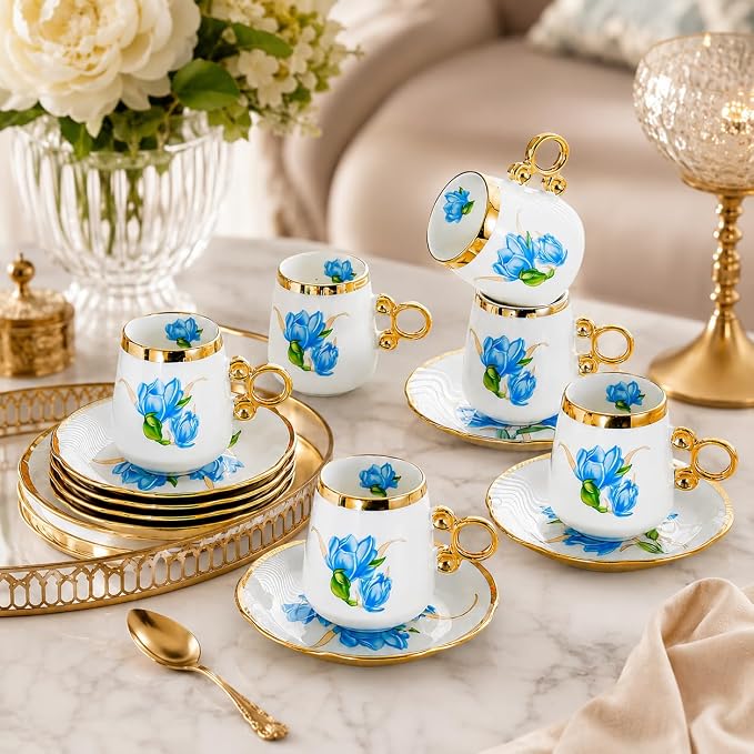 Porcelain Tea Cups and Saucers Set of 12, 100ml Espresso Turkish Coffee Cups - Image 4