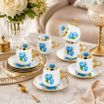 Porcelain Tea Cups and Saucers Set of 12, 100ml Espresso Turkish Coffee Cups - Image 4