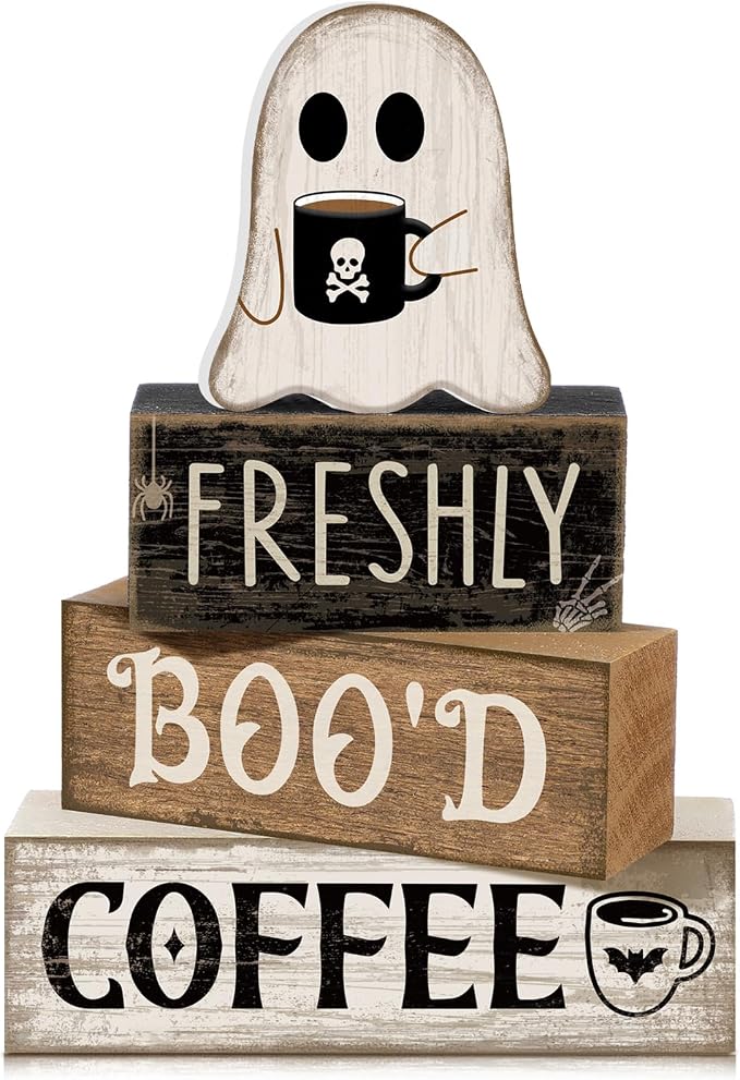 Moucuny 4 Pcs Halloween Coffee Table Decorations Cute Ghost Stacked Wooden Decor by Moucuny