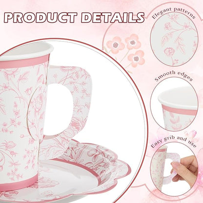 FillTouch 100 Sets Pink Floral Paper Tea Cups and Saucers Disposable Paper Tea - Image 2