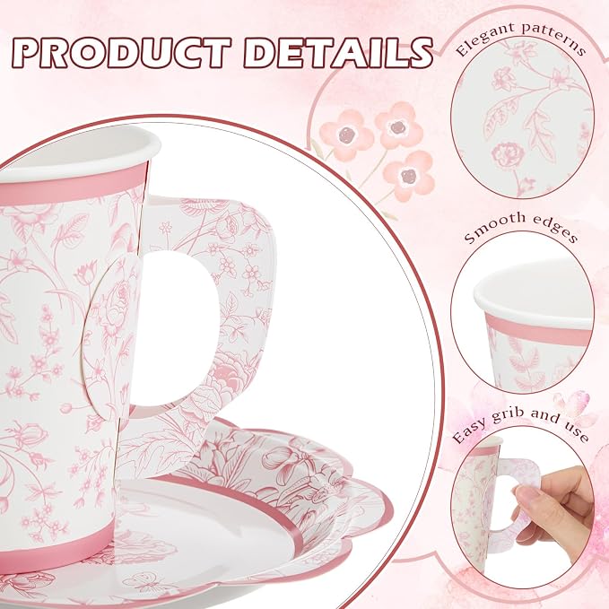 FillTouch 48 Sets Pink Floral Paper Tea Cups and Saucers Disposable Paper Tea - Image 4