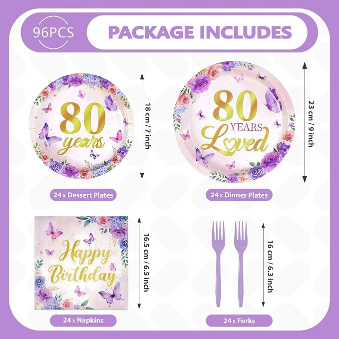 96Pcs 80th Birthday Purple Floral Butterfly Party Decoration, Serves 24 | - Image 5