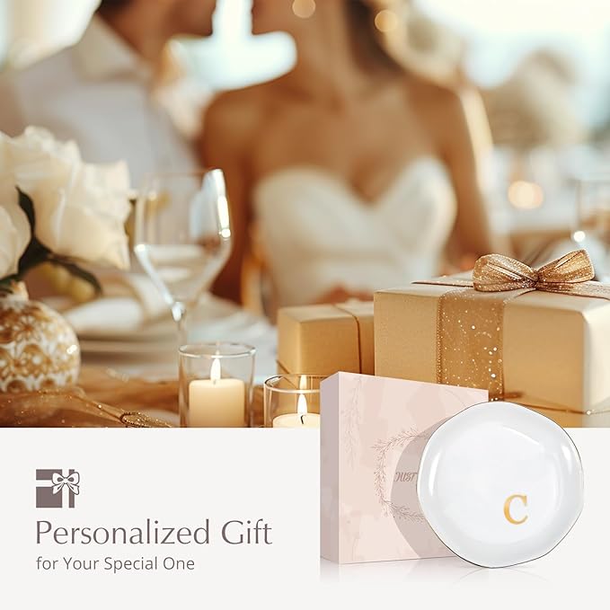 ProCase Ceramic Jewelry Tray, Initial Ring Dish Trinket Plate Engagement Gift, Small Personalized Monogram Ring Bowl for Wedding, White Decorative Jewelry Holder for Women Vanity -Letter C