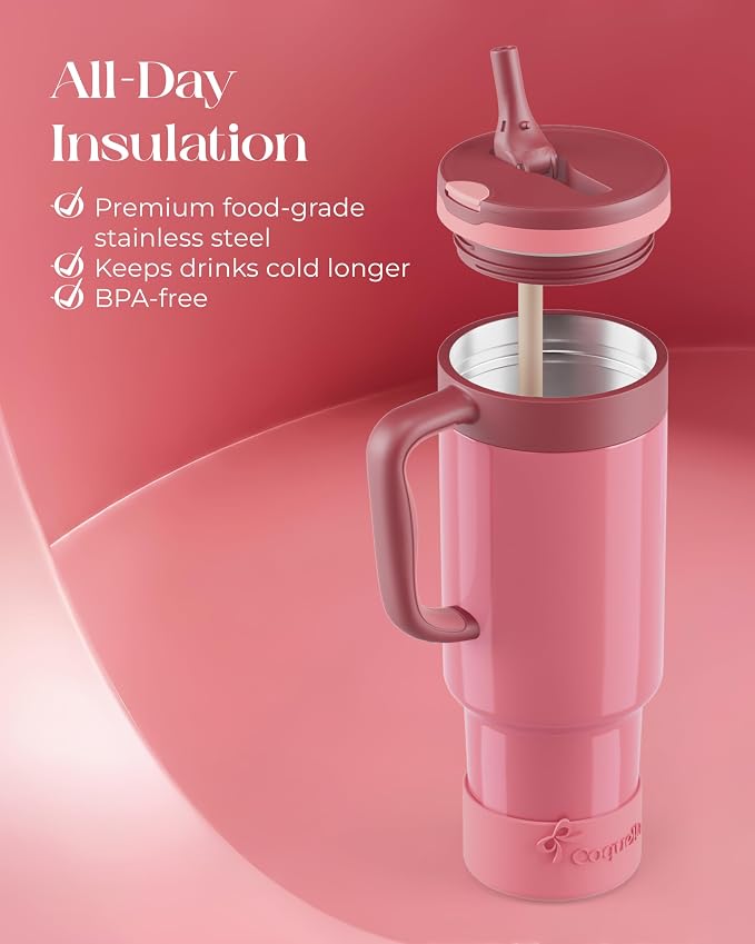 40 oz Insulated Tumbler with Handle and Push-Button Straw Lid, Stainless Steel - Image 4