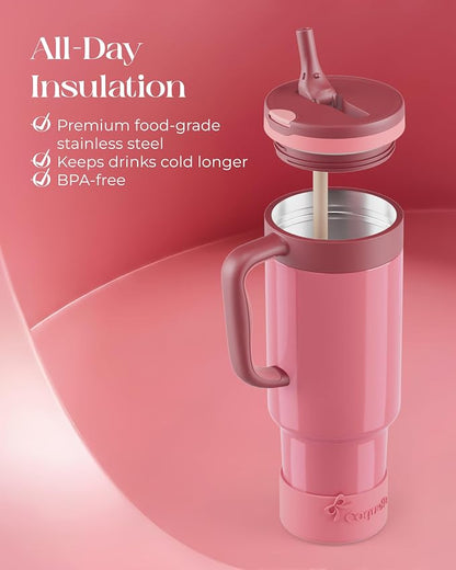 40 oz Insulated Tumbler with Handle and Push-Button Straw Lid, Stainless Steel - Image 4