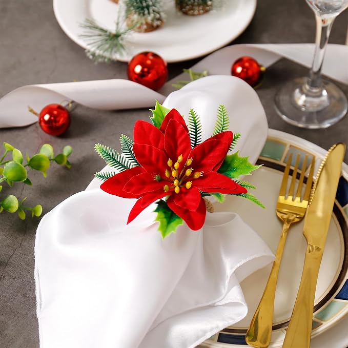 wonlex Flower Napkin Rings Set of 12, Farmhouse Red Green Napkin Rings Holder - Image 2