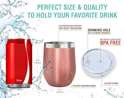 CHILLOUT LIFE 12 oz Stainless Steel Wine Tumbler with Lid - Double Wall Vacuum Insulated Wine Cup Glass Keeping Cold & Hot for Coffee, Champagne, Cocktails, Ice Cream - Rose Gold