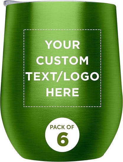 Custom Stemless Wine Glass Tumblers with Lids by Largo 11 oz. Set of 6, Personalized Bulk Pack - Perfect for Wine, Cocktails, Other Hot & Cold Beverages - Lime Green