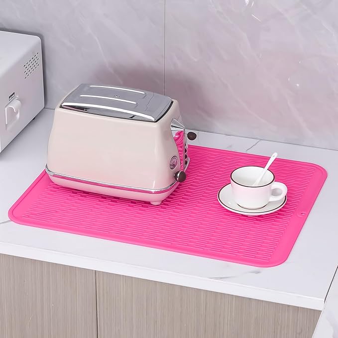 Silicone Dish Drying Mat for Multiple Usage,Easy clean,Eco-friendly,Heat-resistant Silicone Mat for Kitchen Counter or Sink,Refrigerator or Drawer Liner Rose 2XL 24 inches x 18 inches