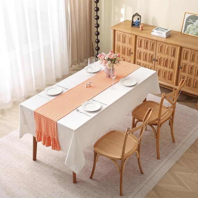 Orange White Plaid Gingham Ruffle Table Runner 90 inches Long 100% Washed - Image 2