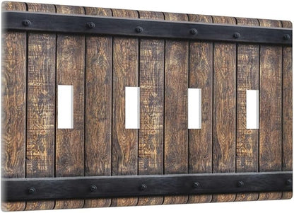 Light Switch Cover Rustic Barn Door Vintage Country Wood Board 4 Gang Switch Plate Quad Toggle Wall Plates Decorative Switchplate Electrical Outlet Cover for Farmhouse Cabin Decor