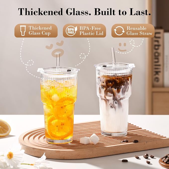 20oz Iced Coffee Cups with Lids, Ribbed Glass Cups with Lids and Straws | Thick - Image 8