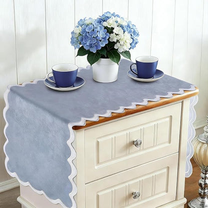 Small Dusty Blue Table Runner 15x36 Inch, Vintage Scalloped Coffee Table Cover by yuboohomedecorations