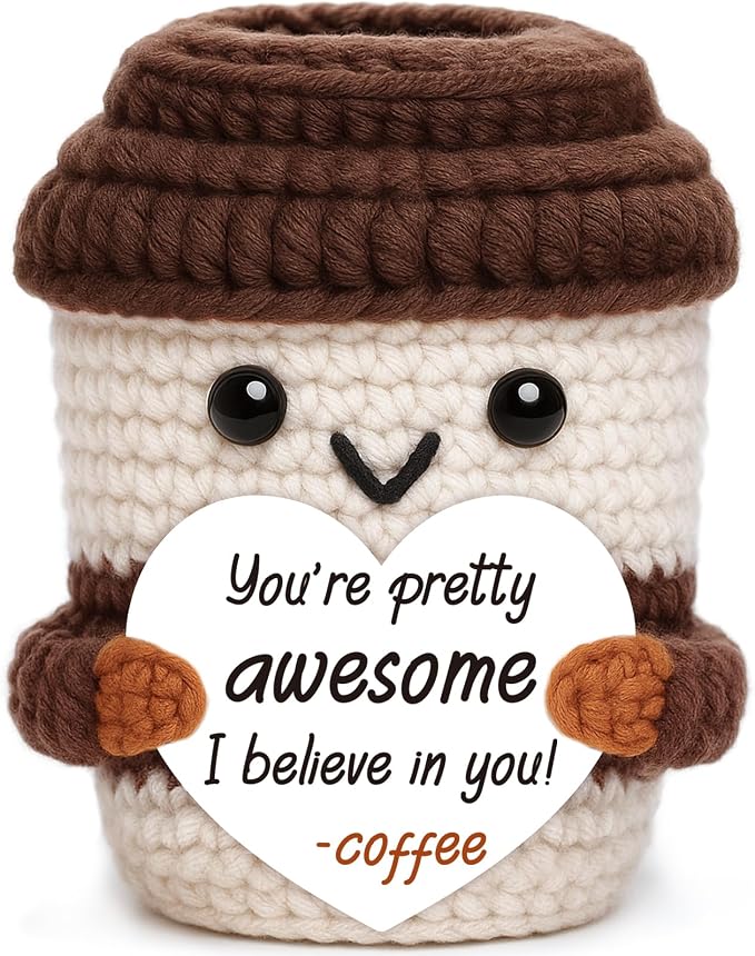 Mini Office Gift for Women Men, Thank You Gifts Positive Crochet Coffee Cup | by OCCdesign