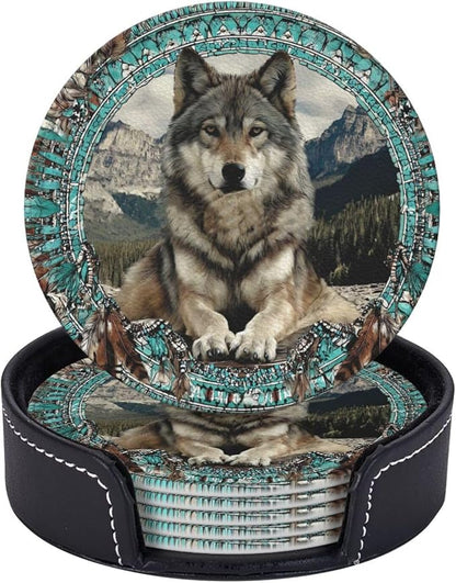 6 Pack Native American Wolf Turquoise Leather Coasters by GTEVUTS