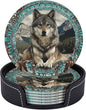 6 Pack Native American Wolf Turquoise Leather Coasters by GTEVUTS