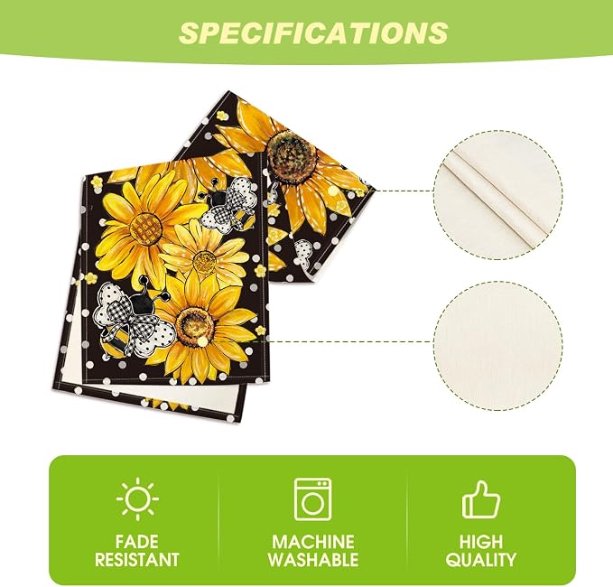 Artoid Mode Black Sunflower Bee Flower Polka Dot Summer Table Runner, Seasonal - Image 5