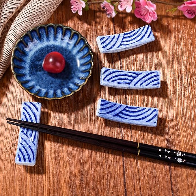 Porcelain Chopstick Holder Set of 4, 2.8" Wave Motif Spoon Fork Stands | - Image 6
