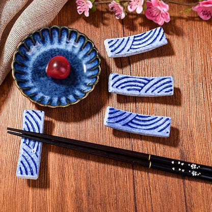 Porcelain Chopstick Holder Set of 4, 2.8" Wave Motif Spoon Fork Stands | - Image 6