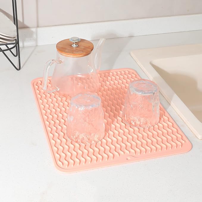 Silicone Dish Drying Mat for Multiple Usage,Easy clean,Eco-friendly,Heat-resistant Silicone Mat for Kitchen Counter or Sink,Refrigerator or drawer liner Pink L 16 inches x 12 inches