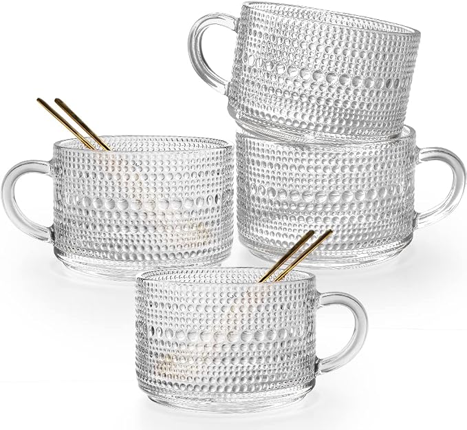 Vintage Glass Coffee Mugs Set of 4, 14 Ounces Embossed Glass Coffee Cups by Ymyaye