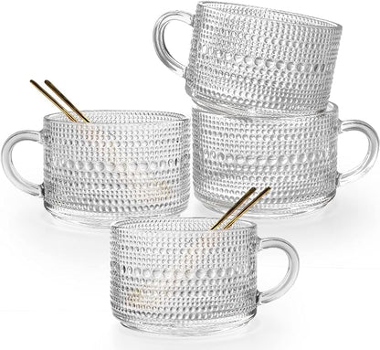 Vintage Glass Coffee Mugs Set of 4, 14 Ounces Embossed Glass Coffee Cups by Ymyaye