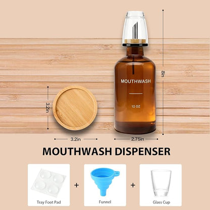 Glass Mouthwash Dispenser for Bathroom, Amber | Bamboo Tray & Mouthwash Cup - Image 4