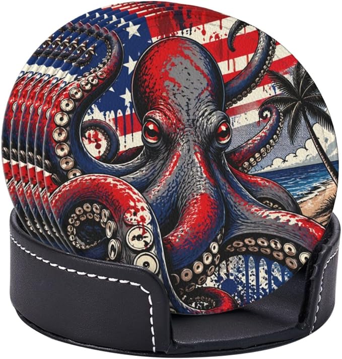Coastal Patriotic Flag Octopus Leather Coasters Set of 6 - Image 2