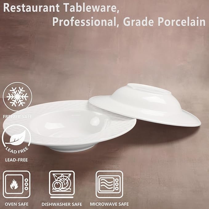 Soup Bowls, Pasta Bowls Plates, Embossed Porcelain Wide Rim Bowls, 10 Oz - Image 3