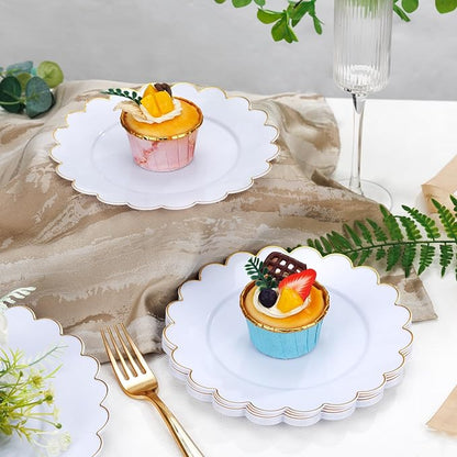 SUT 72Pcs Plastic Plates-7.5inch White Dessert Plates with Gold Trim, White Disposable Plates, Disposable Plates,Fancy Plastic Plates, Heavy Duty Plastic Plates for Parties