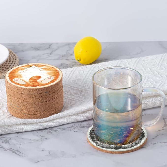 Cork Coasters for Drinks Absorbent Non Slip 12pcs 4 Inch Sleepy Cat | Coaster - Image 7