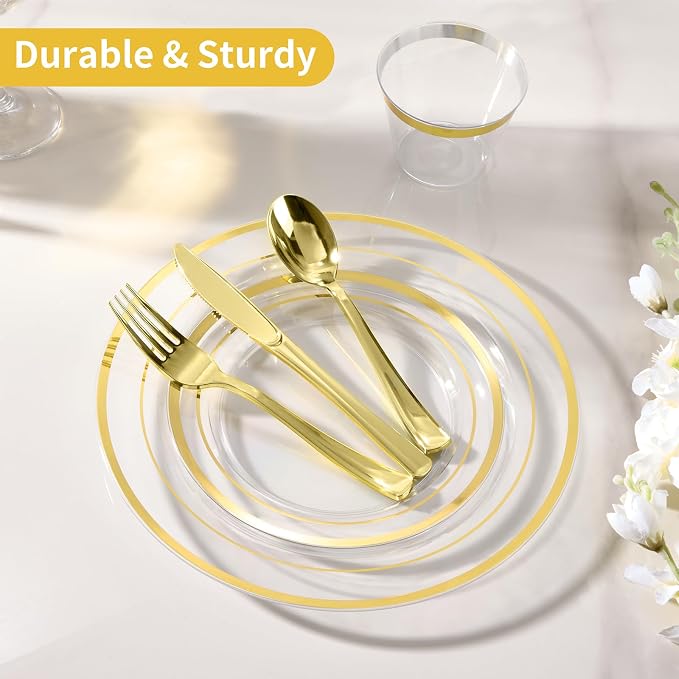 600 Pieces Clear Gold Plates for 100 Guests | Include: Dinnerware Set of 100 - Image 2
