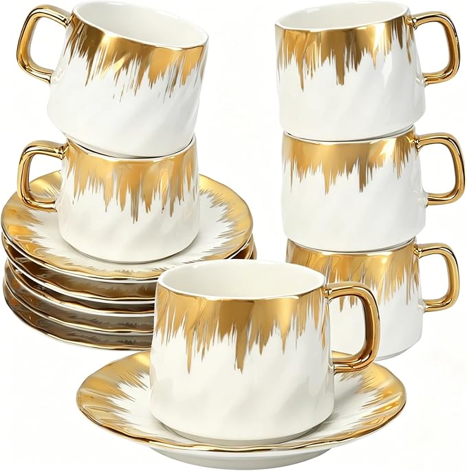 Coffee Cup Set of 6 with Saucers, 3.5 OZ Ceramic Espresso Cups Set, Cafe Mocha by Hebaogugu