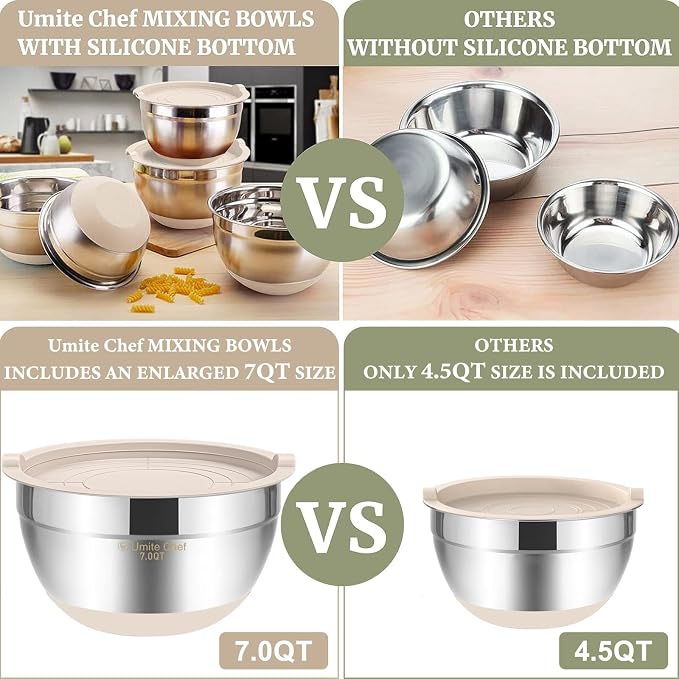 Umite Chef Mixing Bowls with Airtight Lids, 6 piece Stainless Steel Metal - Image 2