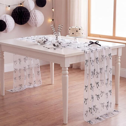 4 Pcs Black Bow Table Runners 29 x 70 Inch White Tulle Lace Table Runner - Image 4