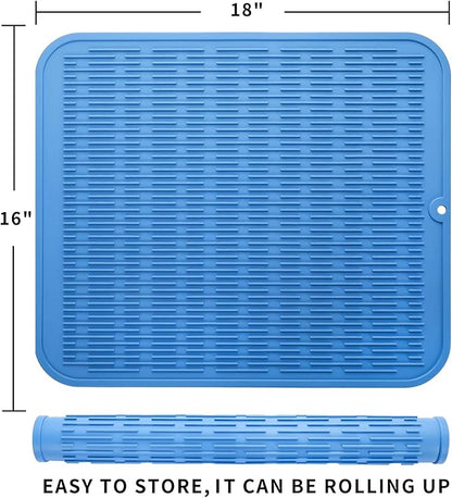 Silicone Dish Drying Mat for Multiple Usage,Easy clean,Eco-friendly,Heat-resistant Silicone Mat for Kitchen Counter or Sink,Refrigerator or Drawer Liner Lichen BlueL 2XL 24 inches x 18 inches