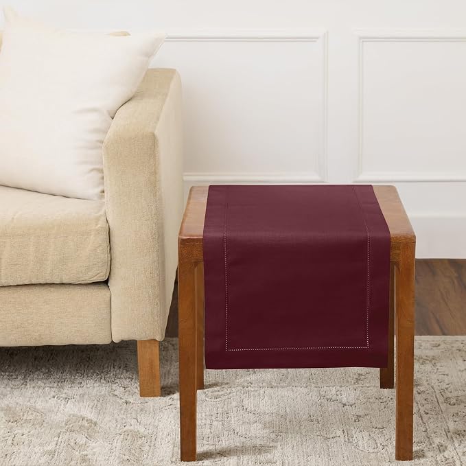 Solino Home Cotton Linen Table Runner Wine, Hemstitch Collection 14 x 36 in | by SolinoHome
