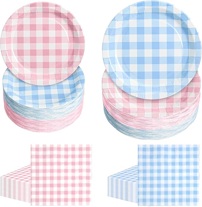180Pcs Pink Blue Gingham Party Supplies Paper Plates and Napkins Serve 60 | by Hpscdyo