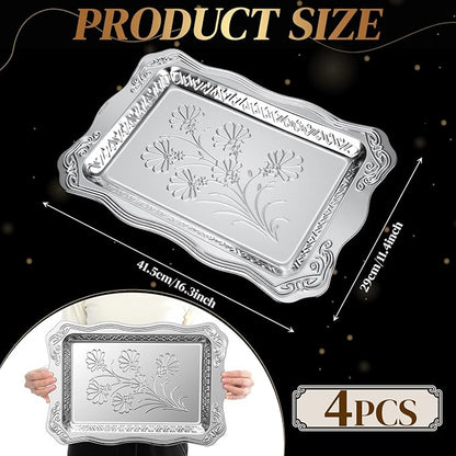 4 Pack 16.3" x 11.4" Large Silver Serving Trays for Dessert Table Stainless Steel Silver Platters Floral Engraved Mirror Serving Platters for Wedding, Cookies, Desserts, Party Food Display