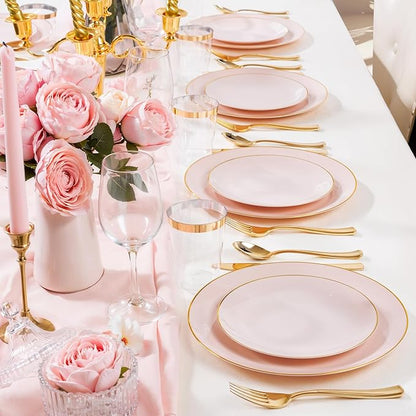 Nervure 100Pieces Pink and Gold Plastic Plates - 7.5inch Disposable Pink Salad/Dessert Plates - Heavy Duty Plastic Plate Ideal for Wedding & Party