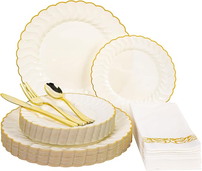 Lullaby 140PCS Ivory Scalloped Plastic Plates Set by LULLABY