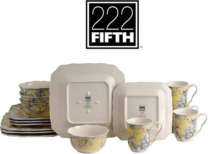 222 Fifth Adelaide Yellow 16-Piece Floral Porcelain Dinnerware Set | Microwave - Image 8