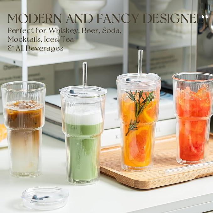 KEMORELA Iced Coffee Cups with Lids 20oz Ribbed Double Wall Glass Cups with - Image 2