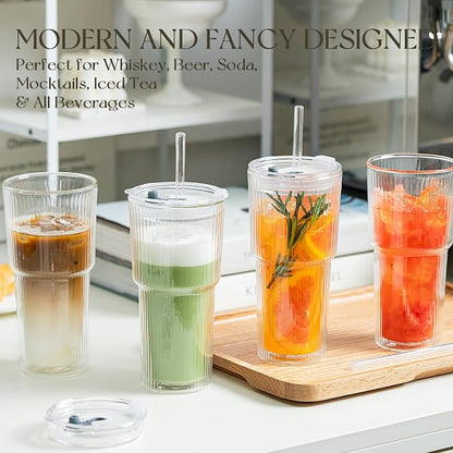 KEMORELA Iced Coffee Cups with Lids 20oz Ribbed Double Wall Glass Cups with - Image 2