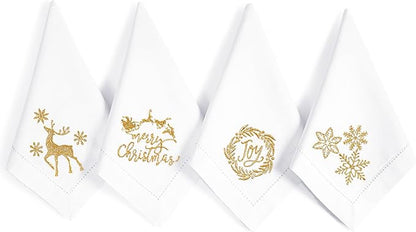Bedding Craft Cotton Cloth Dinner Napkins Set of 12 – 18x18 White with Gold Embroidery – Reusable Machine Washable Fabric Napkins for Weddings, Parties & Everyday Dining
